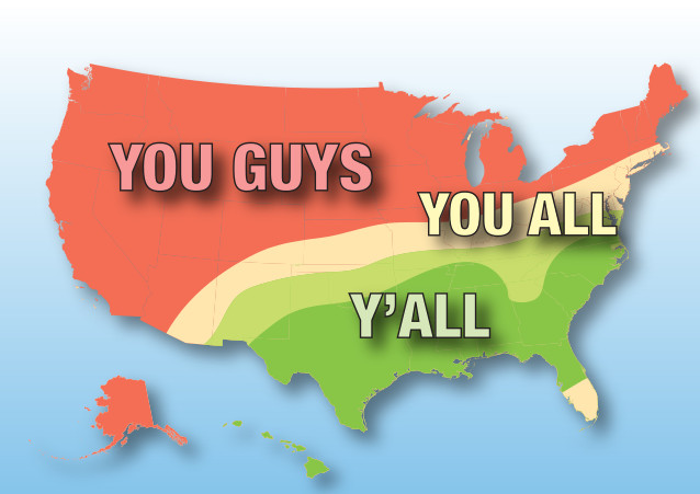 Map of the United States illustrating different dialects with text saying “You guys”, “Y’all” and “You all”