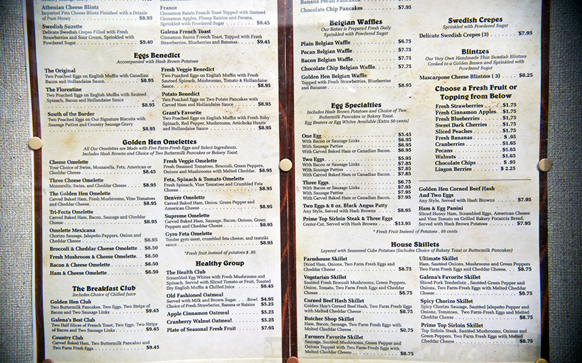 Close-up photo of the menu at The Golden Hen Cafe in Galena, Illinois